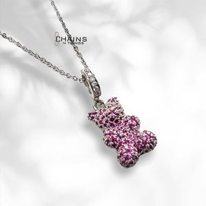 Gummy Bear Necklace Hot Pink Silver Stainless steel 5A Cubic Zircon women girls